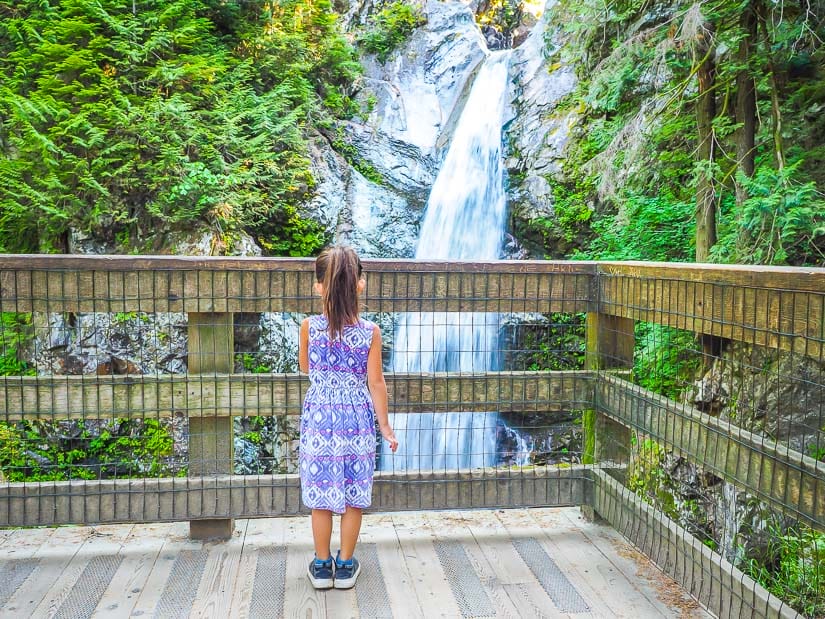 Girl standing in front of Cascade Falls north of Abbotsford