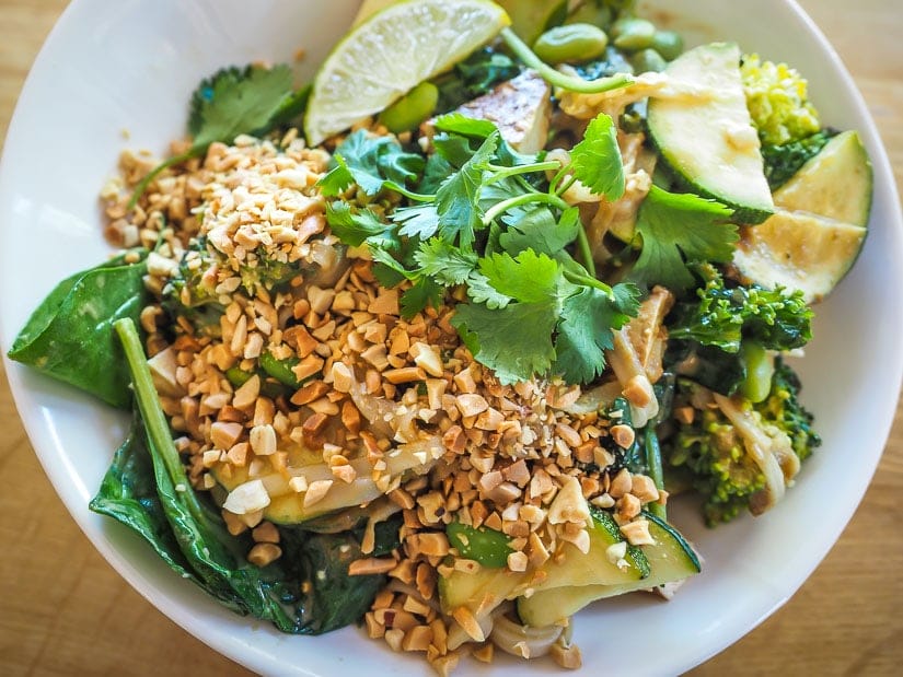 Green curry noodles at Communitea, the best restaurant for vegetarians in Canmore