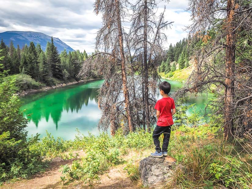 A kid looking out at a green colored lake on the Valley of the Five Lakes trail