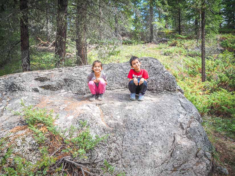 Two kids on top of a large boulder on the Valley of the Five Lakes trail