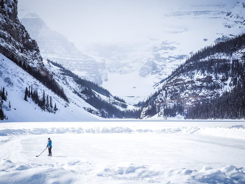 A hockey player on Lake Louise