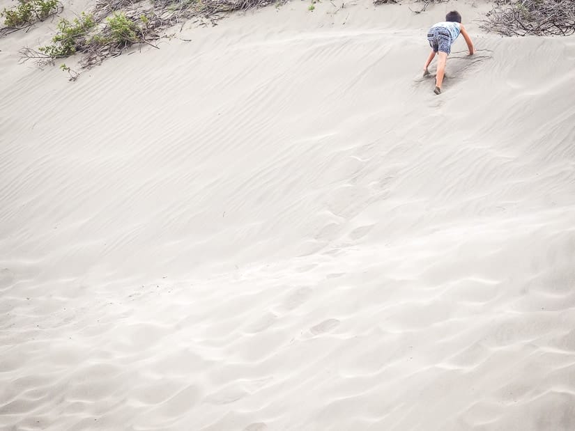 A kid climbing up a sand dune