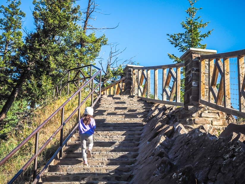 A kid walking up a staircase on Bow Falls Trail in Banff