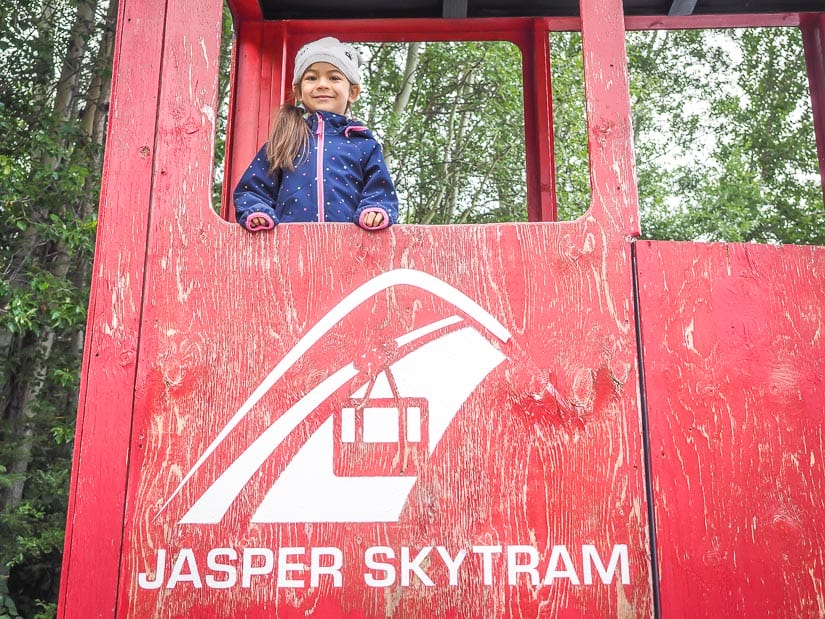 A kid inside an old original Jasper Sky Tram