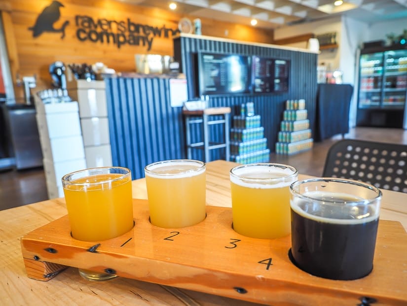 A flight of sample beers at Ravens Brewing in Abbotsford