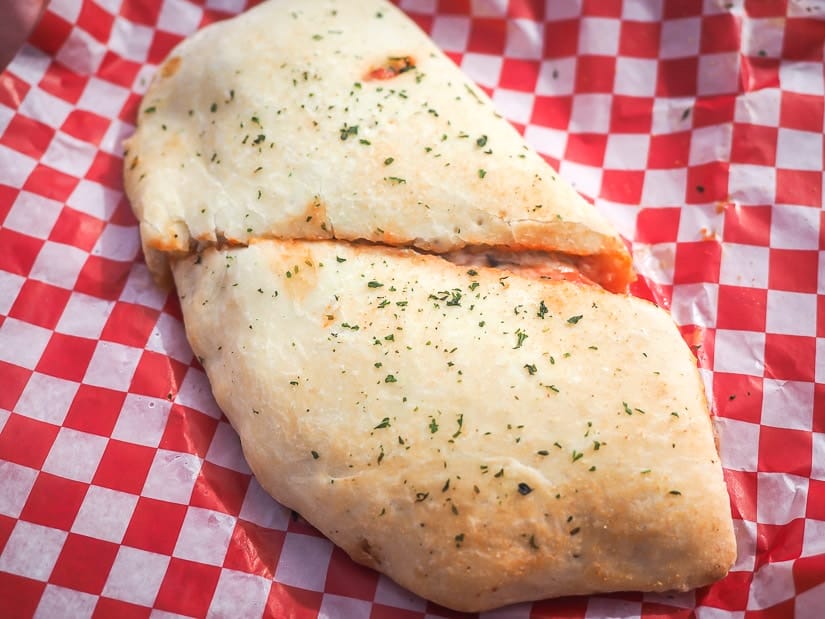 A calzone sliced in two from Battista's Calzone on Alberta Avenue, Edmonton