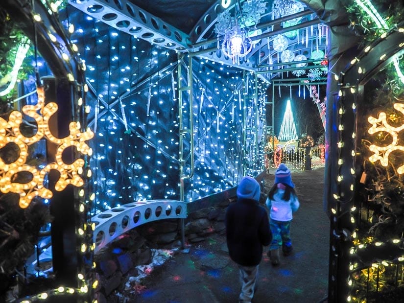 Two kids looking at Christmas lights at Christmas at Bob's