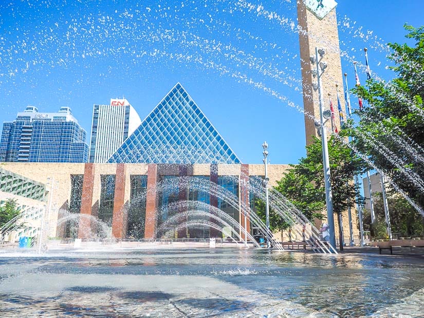 Water fountains spraying in front of Edmonton City Hall