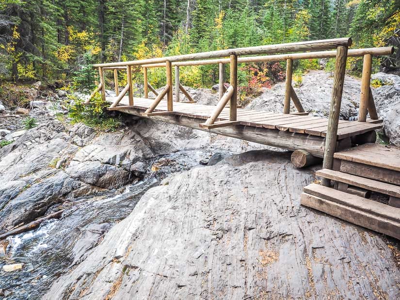 A wooden walking bridge on Heart Creek Trail, a good walking trail for kids in Kananaskis