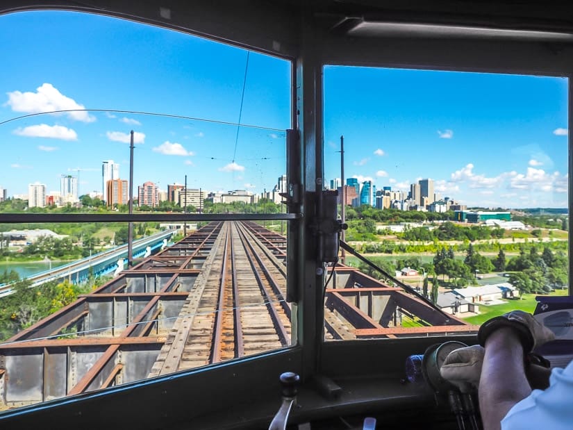 View of Edmonton downtown from the front window of the High Level Bridge Streetcar
