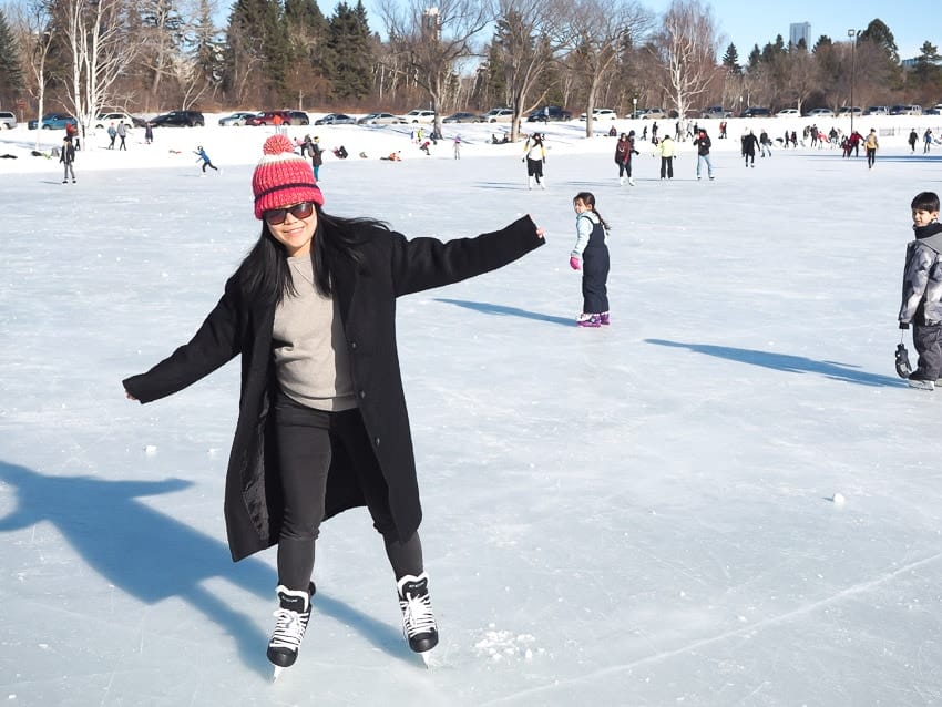 A woman ice skating at Hawrelak Park in Edmonton