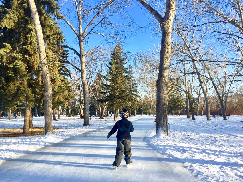 A boy skating on an ice path at Rundle Park
