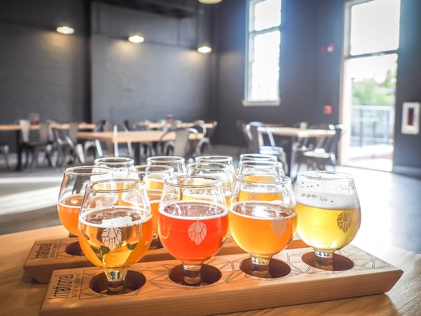 Beer samples on a table at Irrational Brewing, one of the best breweries in Edmonton