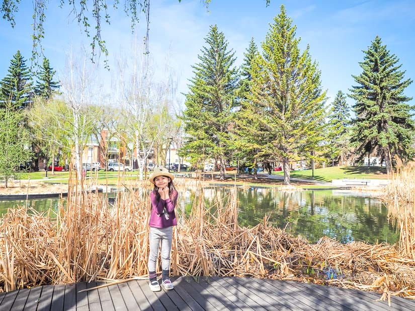 A girl standing by a pond on Paul Kane Park, Oliver neighborhood, Edmonton