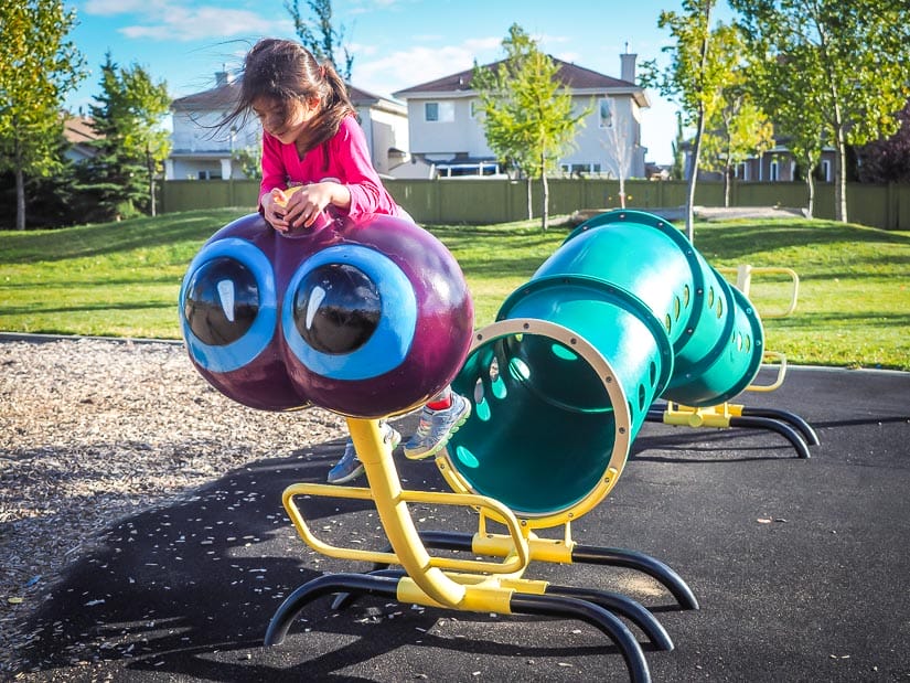 A kid climbing on a caterpillar's head in an insect themed playground in Edmonton