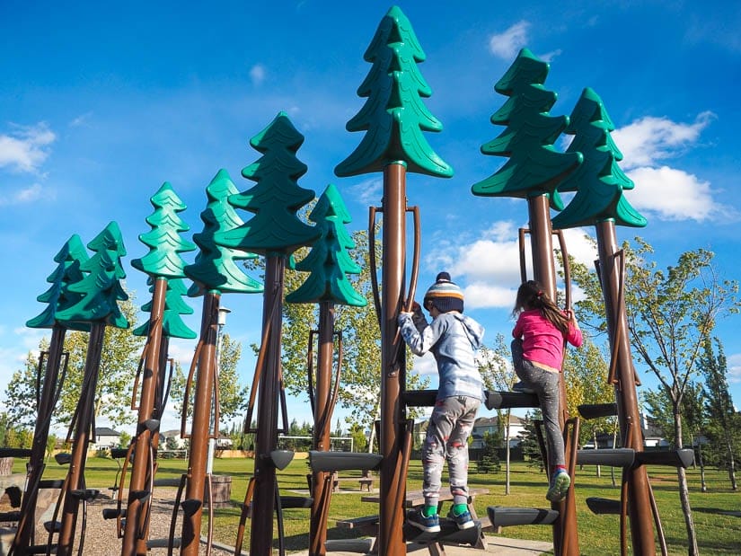 Kids climbing on tree structures at Elizabeth Finch School Playground, Edmonton