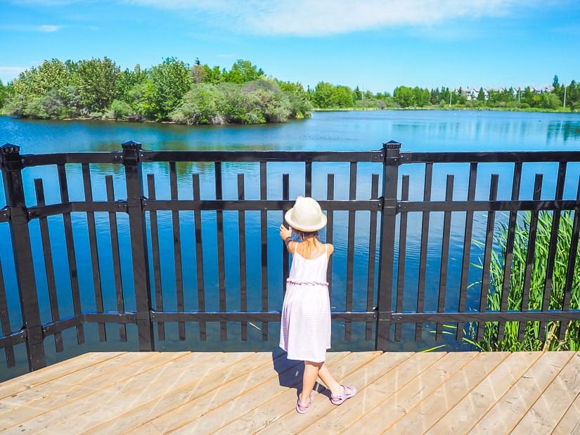 A child standing on a dock beside a pond at Jackie Parker Park in Edmonton