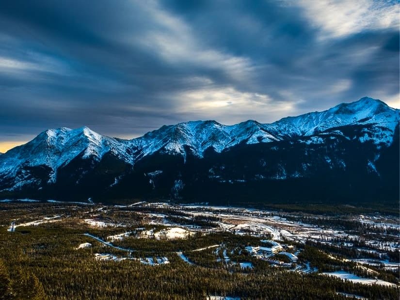 An aerial view of Kananaskis Village and its walking or snowshowing trails.