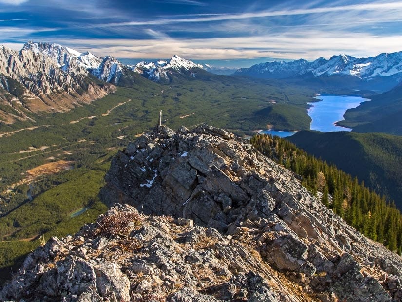 View of mountains, valley, and Kananaskis Lake from South Lawson Peak