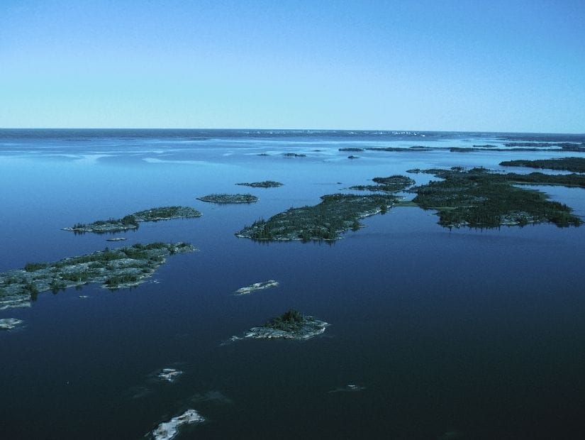 Image from above of Great Slave Lake and some of its islands in Northwest Territories