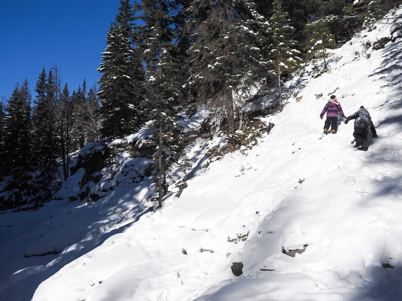 Two kids climbing up a snowy hill in Maligne Canyon