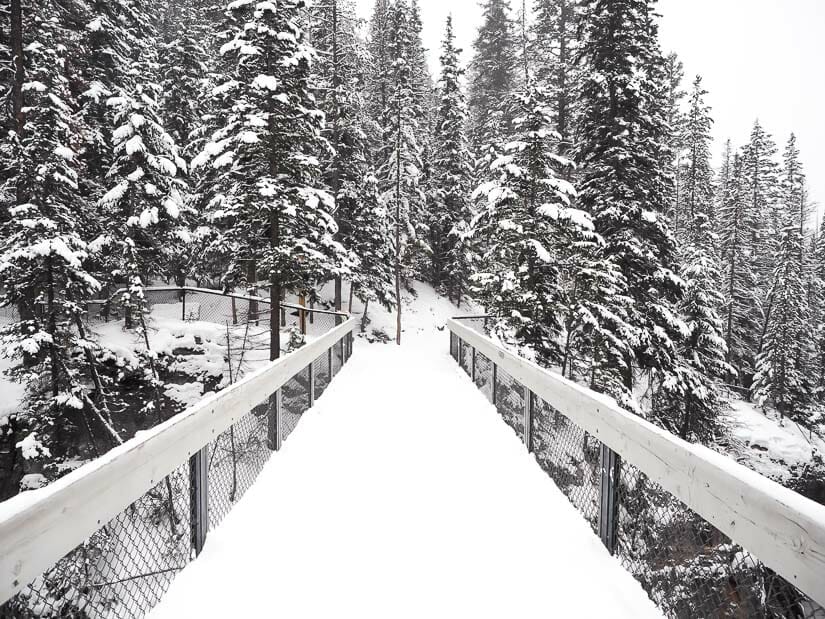 Maligne Canyon's second bridge covered in snow in winter