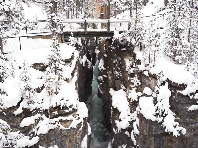 Maligne Canyon's Third Bridge in winter