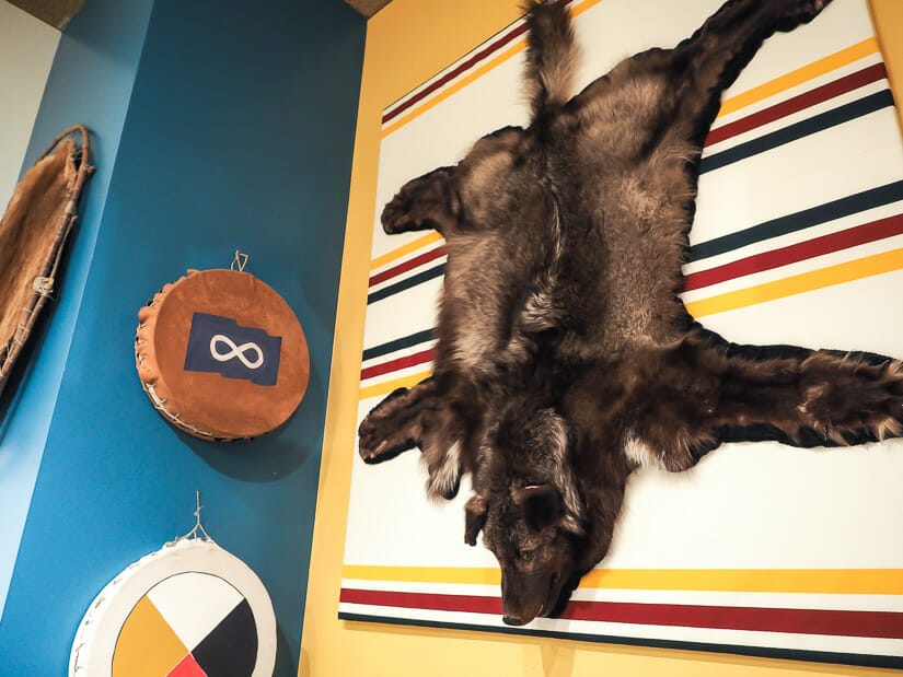 An animal pelt and indigenous drums on the wall at Musée Héritage Museum near Edmonton
