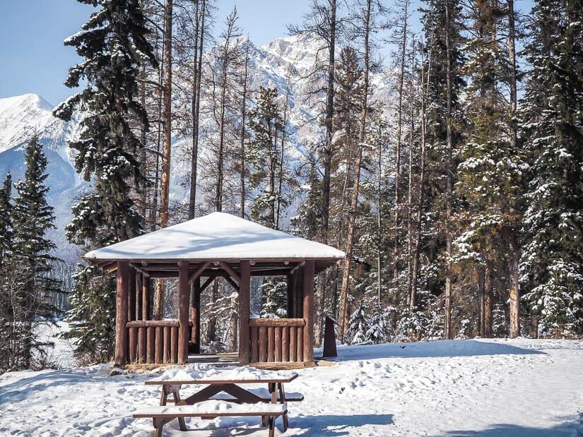 Historic picnic shelter on Pyramid Island in winter shot while hiking