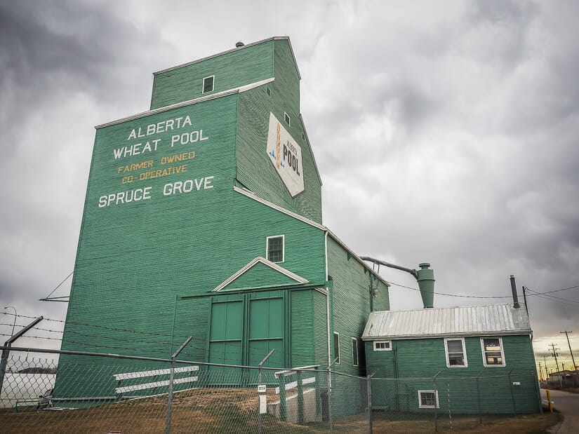 Exterior of the Spruce Grove Grain Elevator Museum on a cloudy day