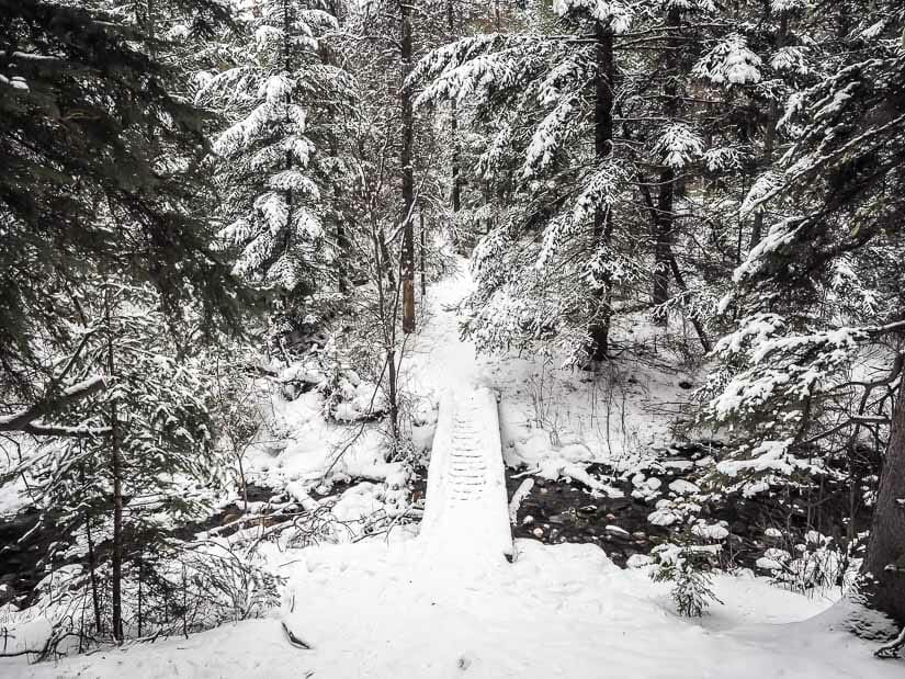 A snow-covered trail crossing small bridge over a stream on the Valley of the Five Lakes winter hiking trail