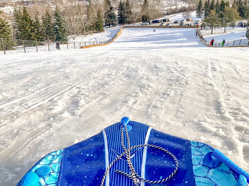 A toboggan at the top of a snowy hill in Edmonton in winter