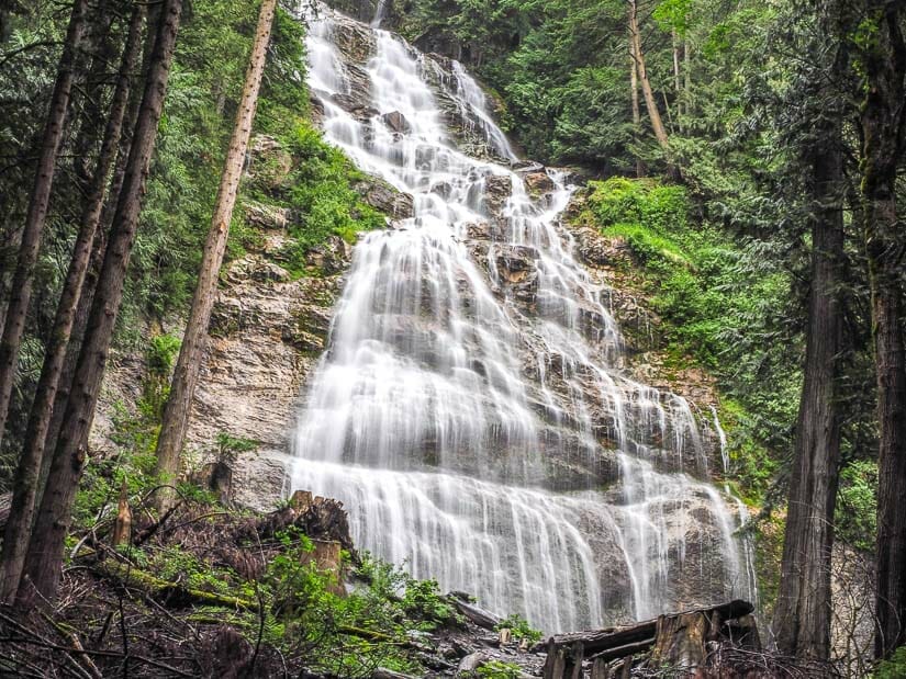 A blurred view of Bridal Veil Falls in the forest