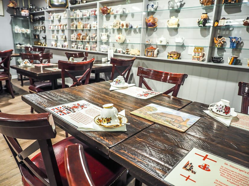 Tables with tea cups in Dickens Sweets and British Museum