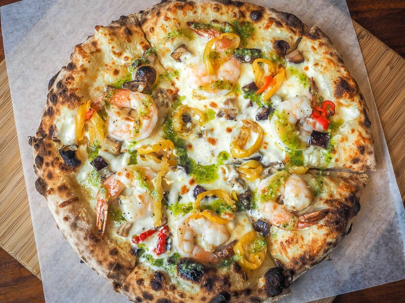 A shrimp pizza at Farmhouse Brewing in Chilliwack