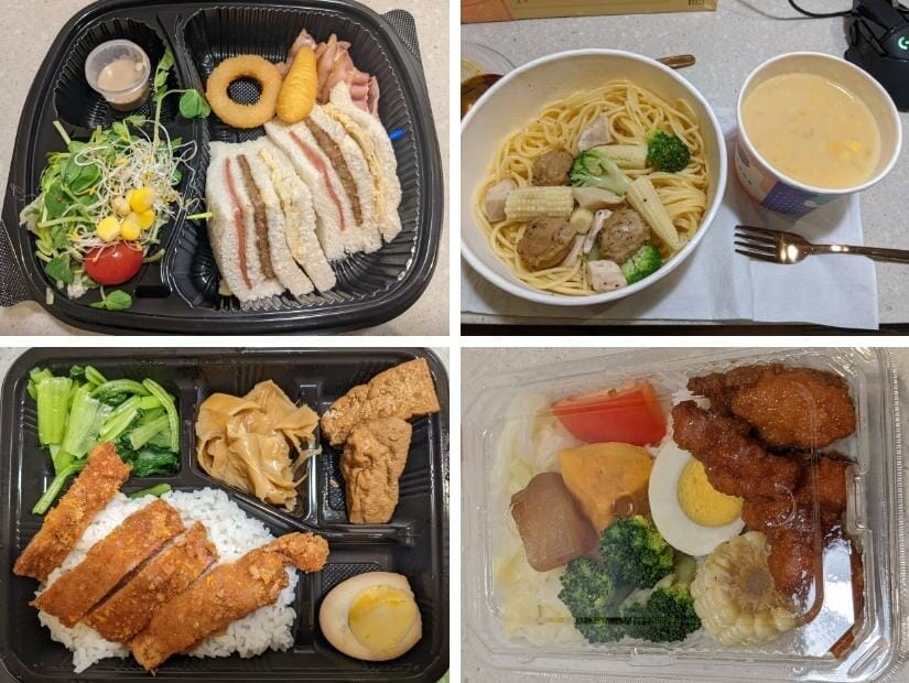A mosaic of four meals served in a quarantine hotel in Taiwan