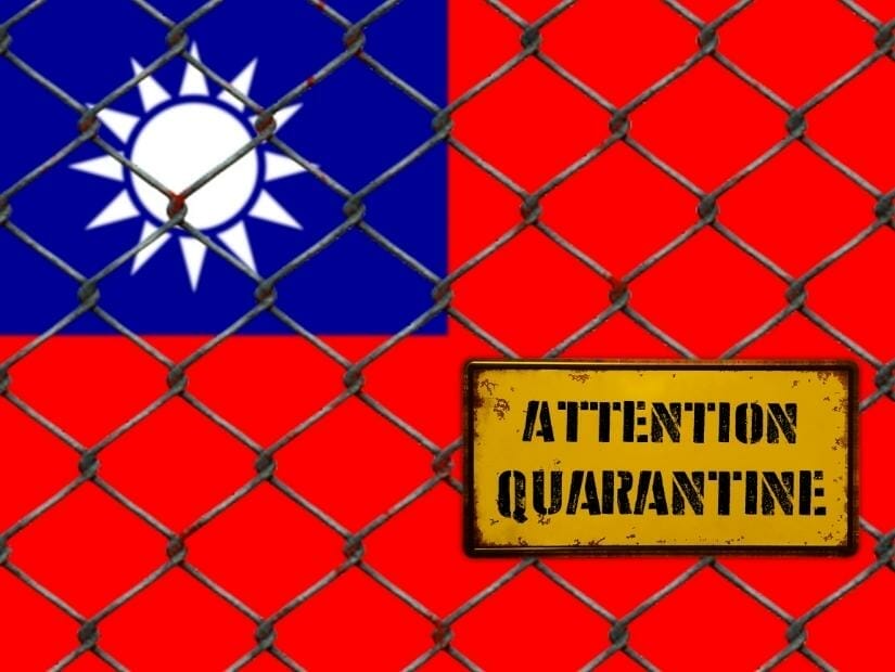 Taiwan flag with a fence over it and the words "Attention: Quarantine"