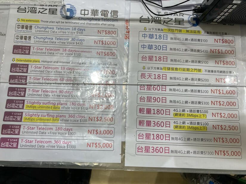 A list of SIM card prices at Taoyuan Airport for quarantine