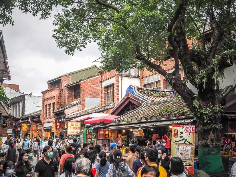 A crowd of people on Shenkeng Old Street with a large tree on the right