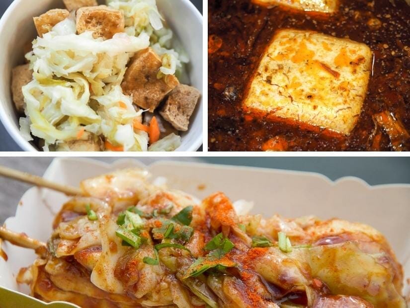 A mosaic of the three different types of stinky tofu in Taiwan