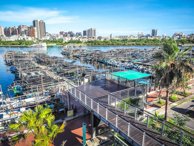 View of traditional boats parked in Anping Harbor and a viewing platform over the harbor