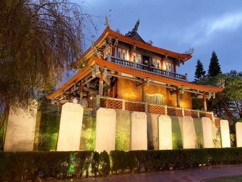 A lit up old building in Tainan called Chikhan Tower