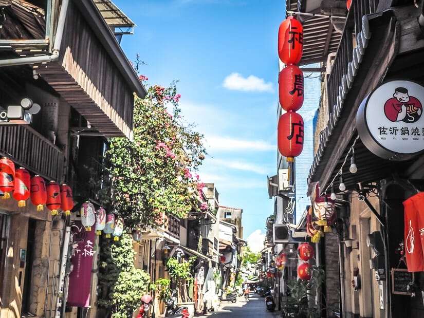 Red lanterns along a traditional narrow street in Tainan called Shennong Street