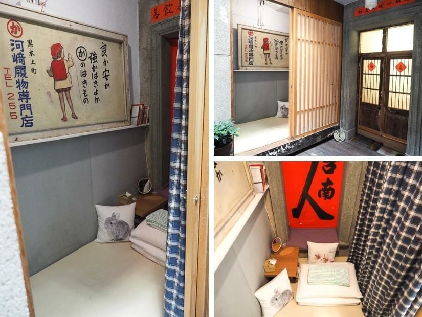 A collage of three images of a small hotel room in Tainan