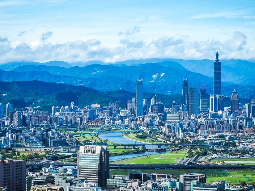 Taipei city skyline shot from Jinmianshan hiking trail