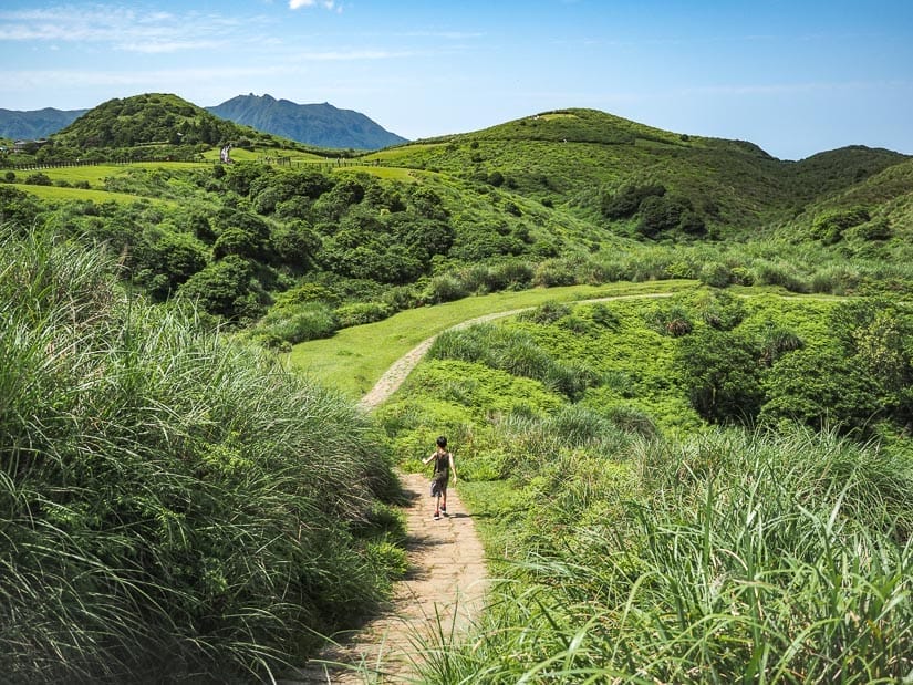 A young boy shot from behind as he strolls along a path with long grass on either side and grass covered hills beyond