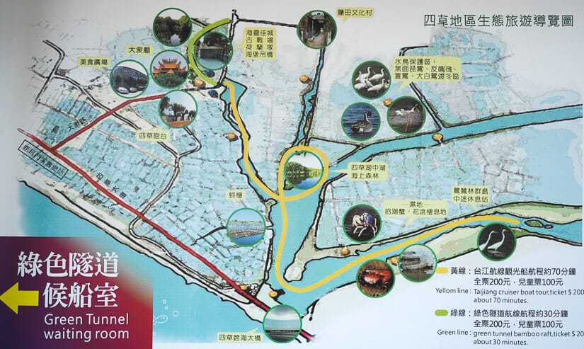 A map showing the routes of the Sicao Green Tunnel and Taijiang National Park boat tour routes