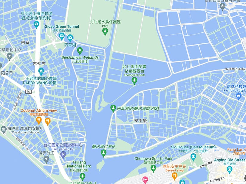 A map of Sicao Green Tunnel and Taijiang National Park