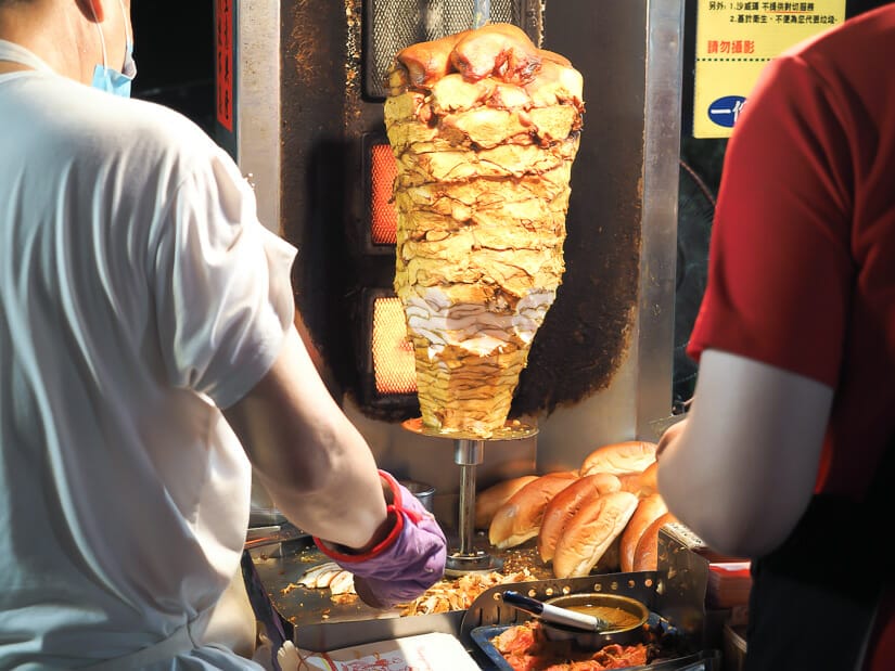 Close up of the meat at a shwarma stall at Garden Night Market in Tainan