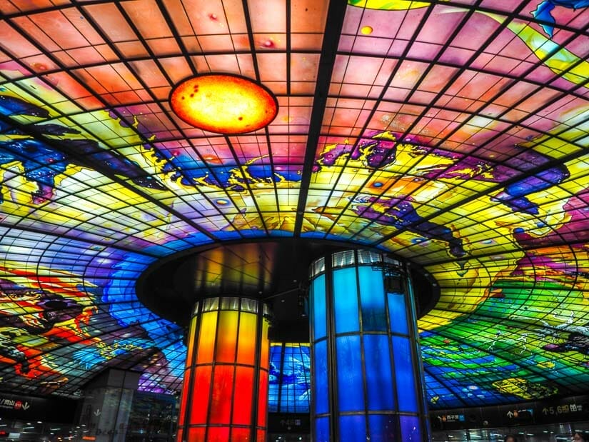 A large glass sculpture called Dome of Light in a Kaohsiung MRT station